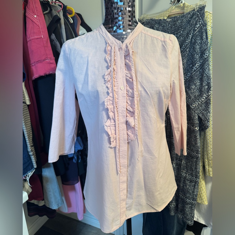 Sam & Max Soft Pink cotton blouse button front with ruffles and tie neck S/M